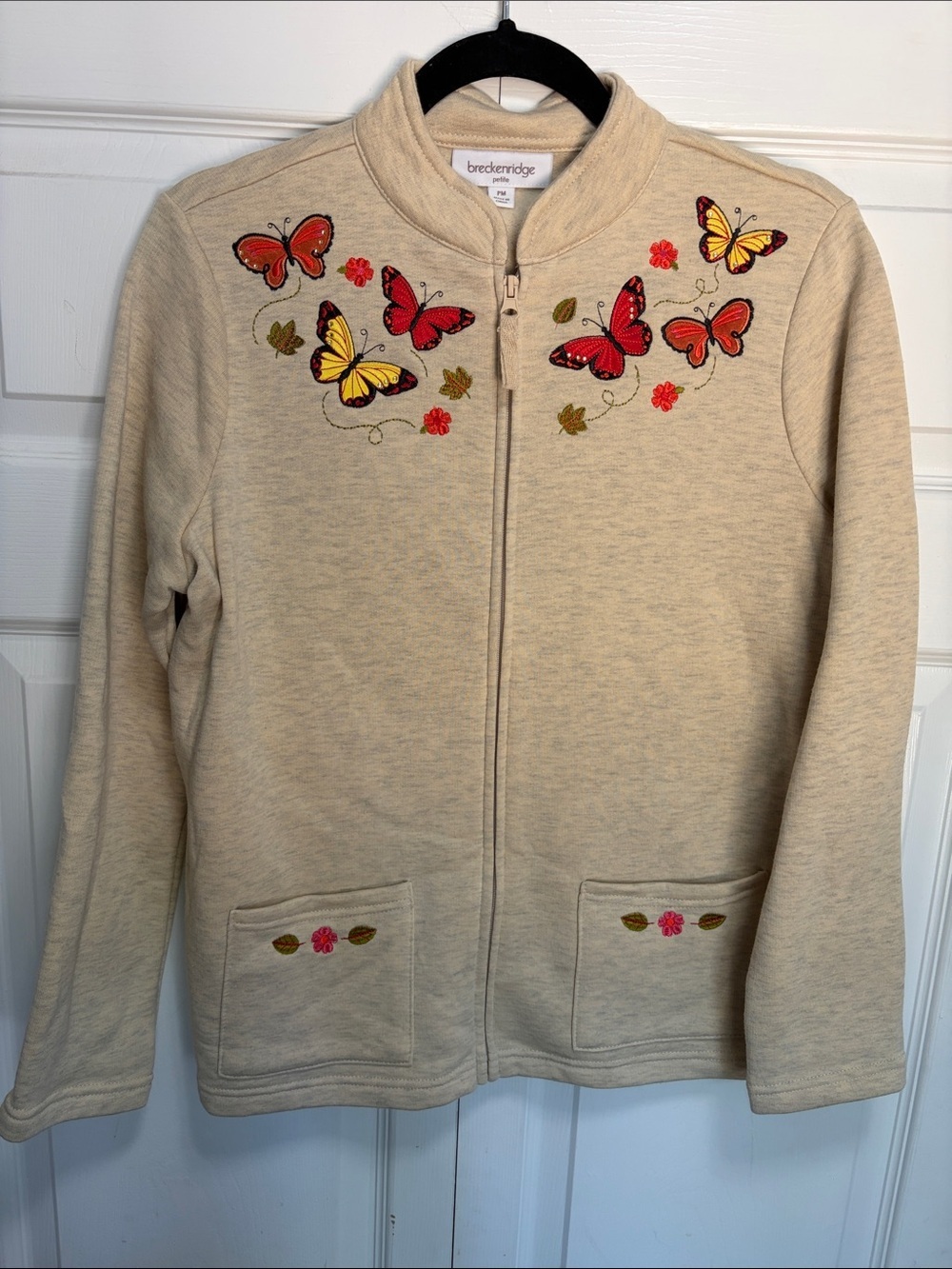 Breckenridge Cream Full Zip Cardigan Colorful Butterfly Embroidery PM
